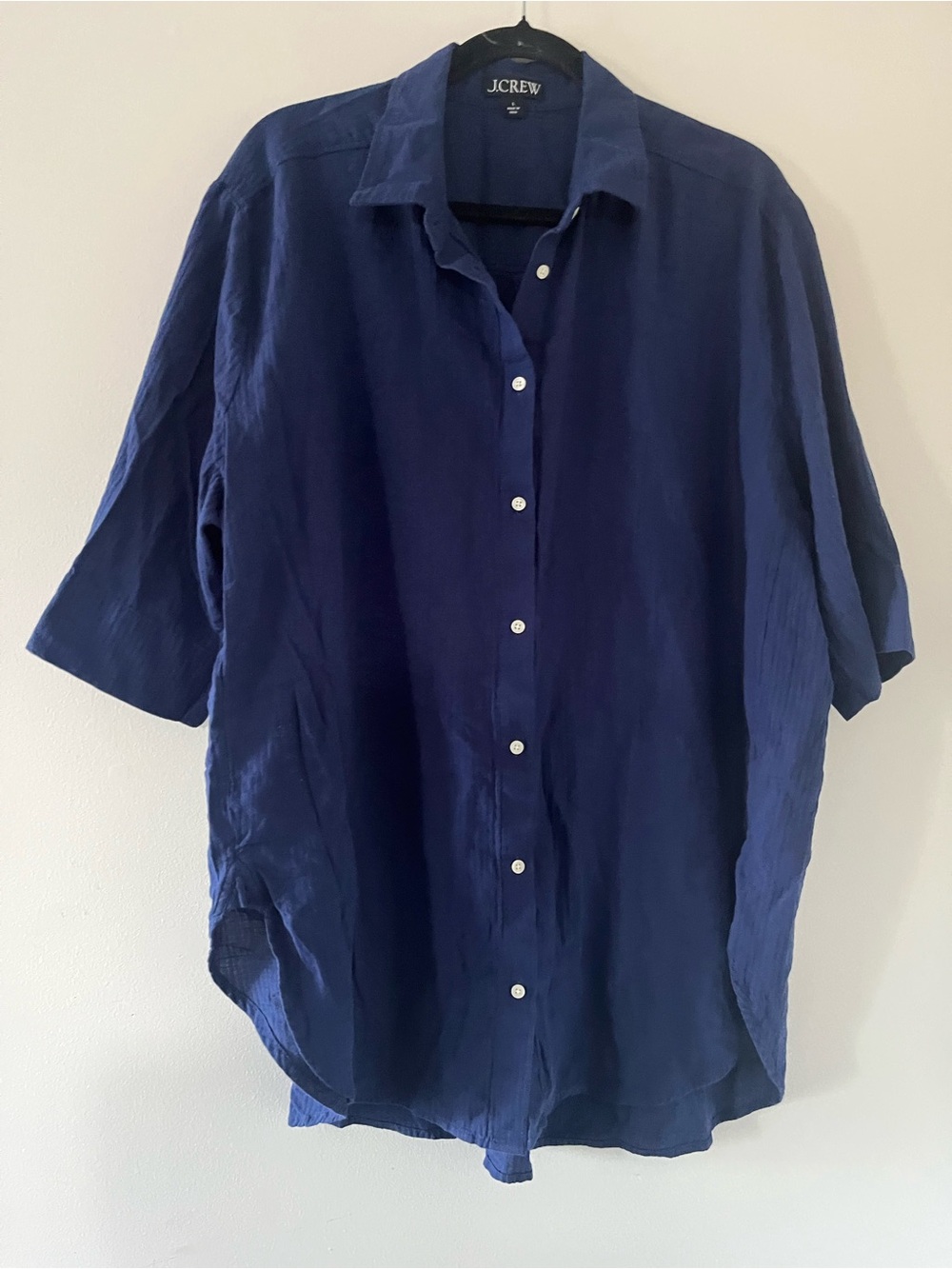 J Crew 100% Gauze Cotton Navy Blue Short Sleeve Button Up Shirt Large Coastal